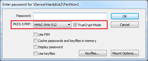 Mount Password Dialog using default values